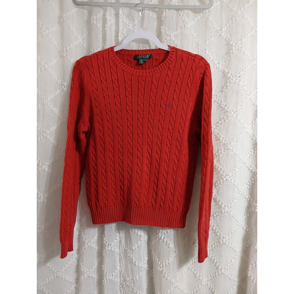 Lauren Ralph Lauren Red Cable Knit Cotton Sweater Crew Neck RLL Logo Womens S